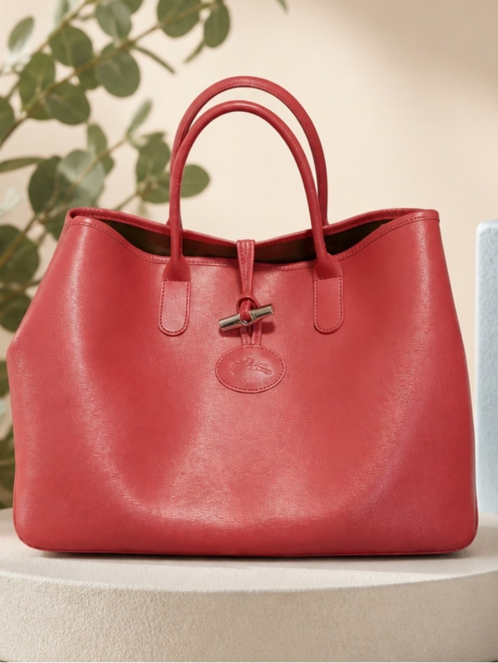Longchamp Roseau Coral-Red Leather Tote with Toggle Detail